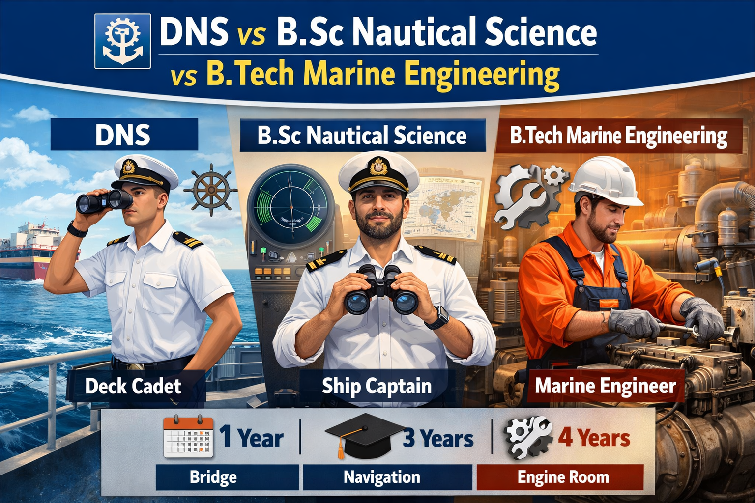 Difference Between DNS, B.Sc Nautical Science, and B.Tech Marine Engineering